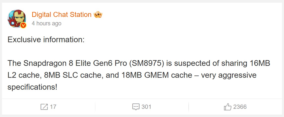 Snapdragon 8 Elite Gen 6 Pro memory specifications shared by tipster